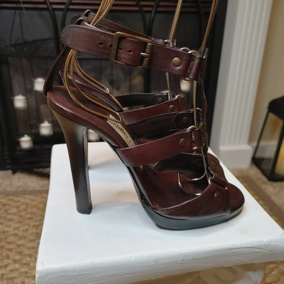 JIMMY CHOO "PRIZE" LEATHER GLADIATOR SANDAL, DK BROWN 37 IT - Picture 2 of 16